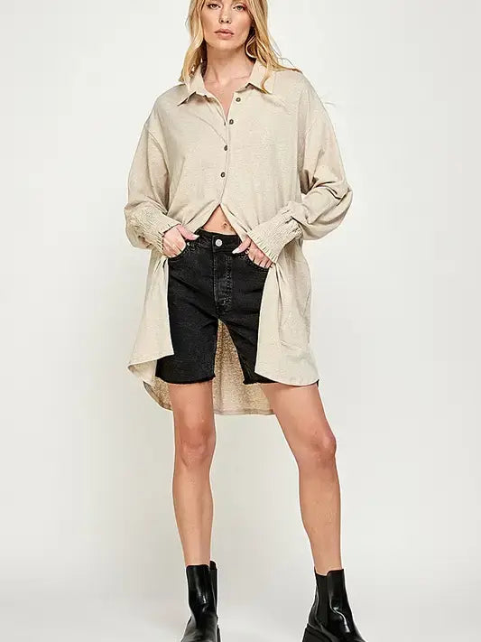 Oversized Smocked Cotton-Linen Shirt Dress