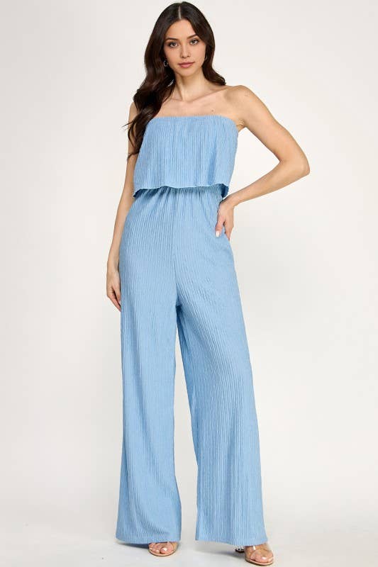Off-Shoulder Crinkle Jumpsuit - Air Blue