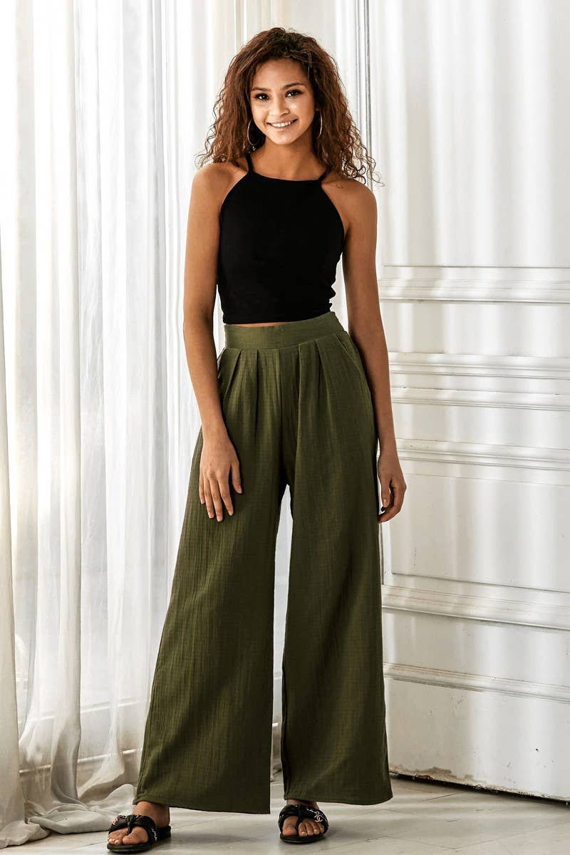 Cotton Smocked Wide-Leg Pants | Olive