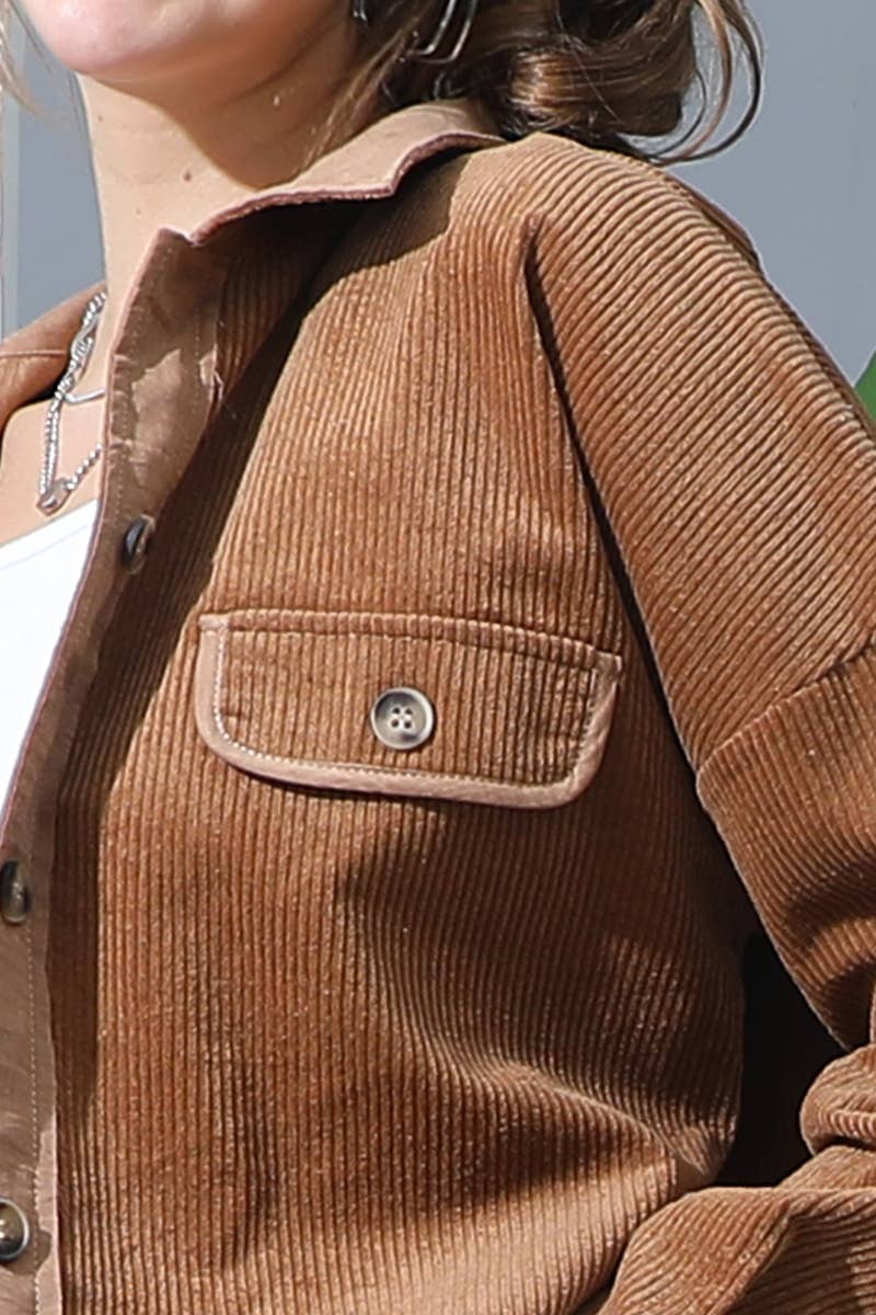 Cropped Long Sleeve Shacket - Brown
