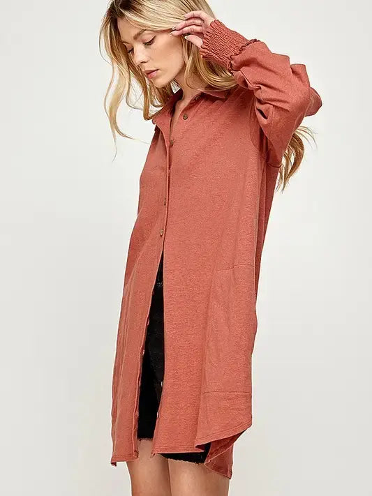 Oversized Smocked Cotton-Linen Shirt Dress