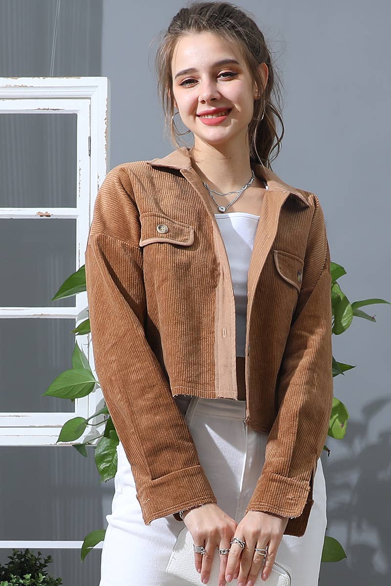 Cropped Long Sleeve Shacket - Brown