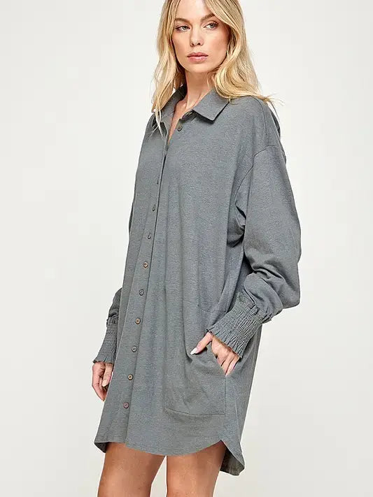 Oversized Smocked Cotton-Linen Shirt Dress