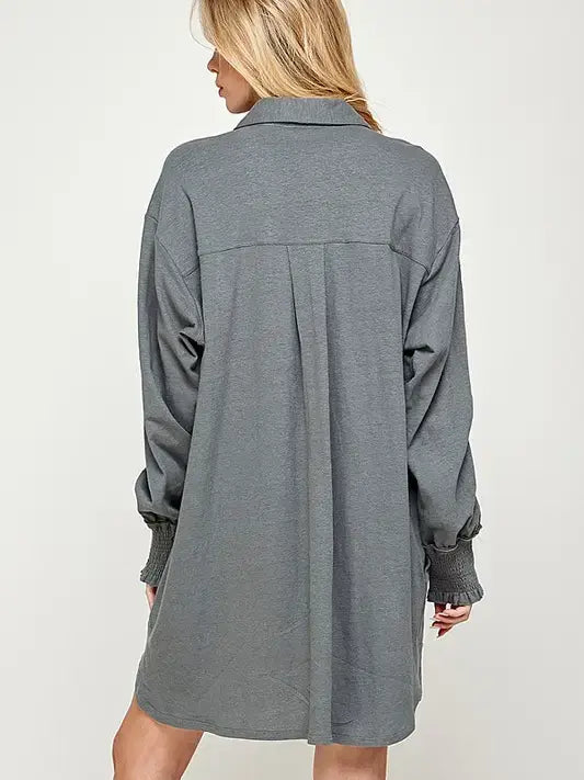 Oversized Smocked Cotton-Linen Shirt Dress