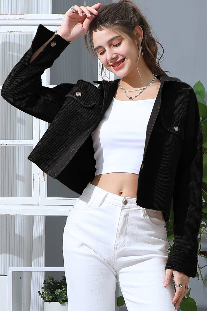 Cropped Long Sleeve Shacket - Black
