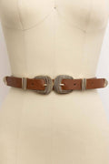 Double Buckle Western Faux Leather Belt - Brown