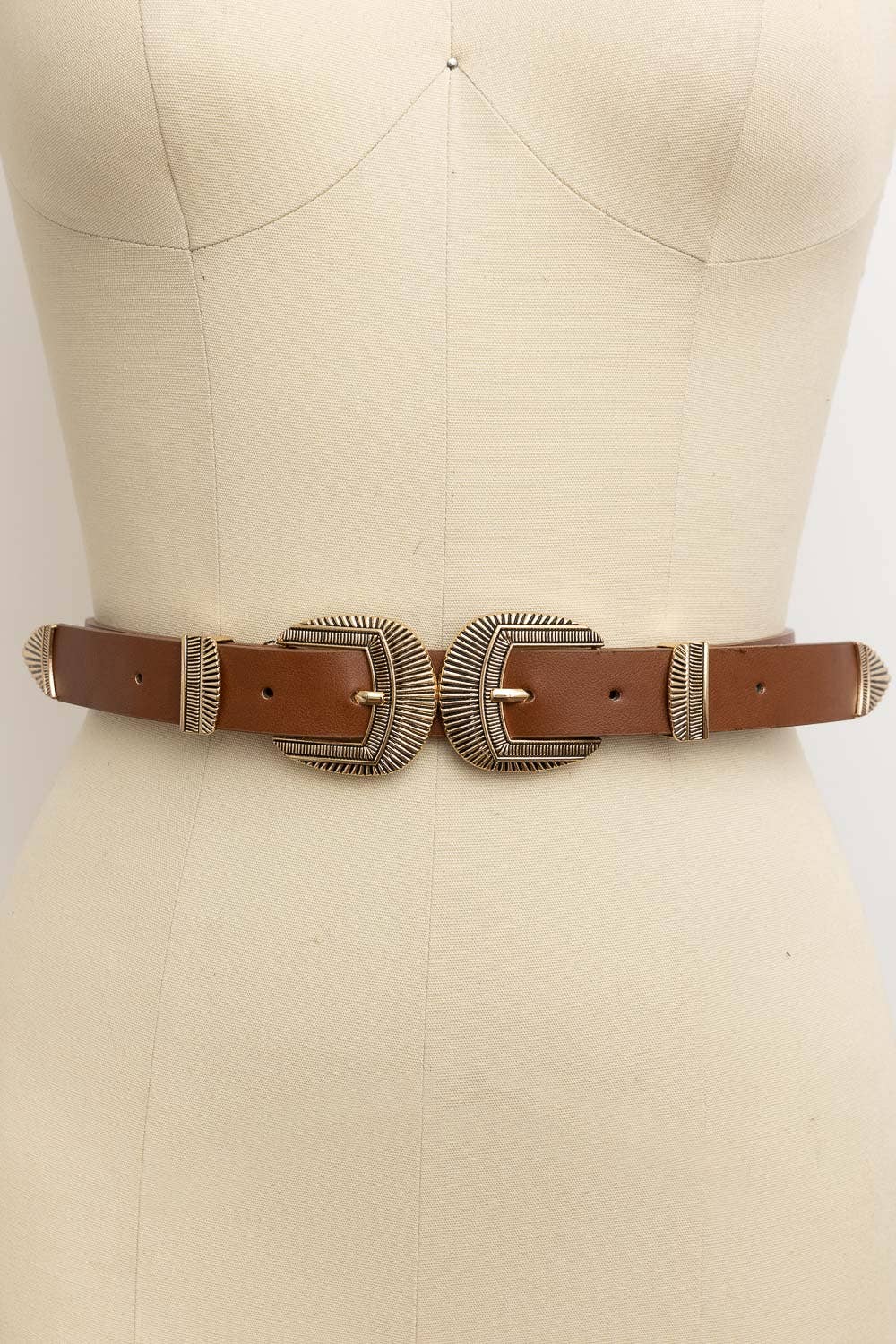 Double Buckle Western Faux Leather Belt - Brown