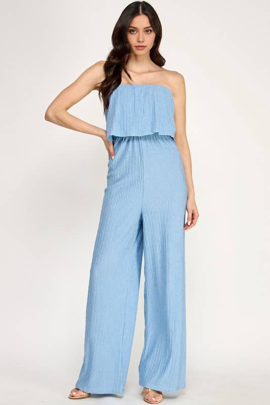 Off-Shoulder Crinkle Jumpsuit - Air Blue
