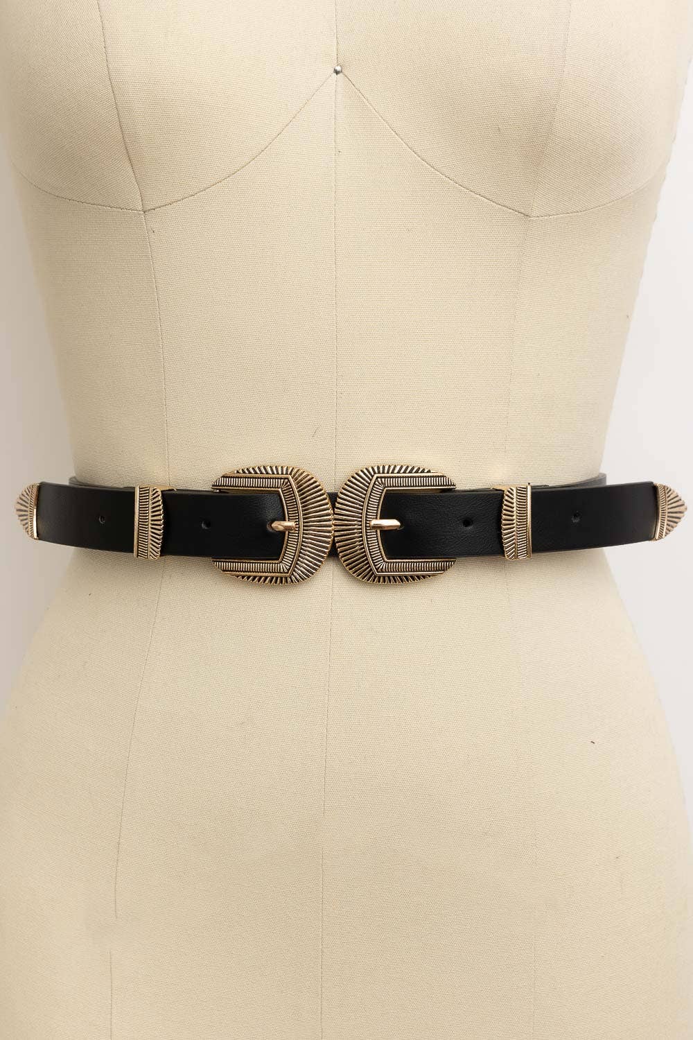 Double Buckle Western Faux Leather Belt - Black