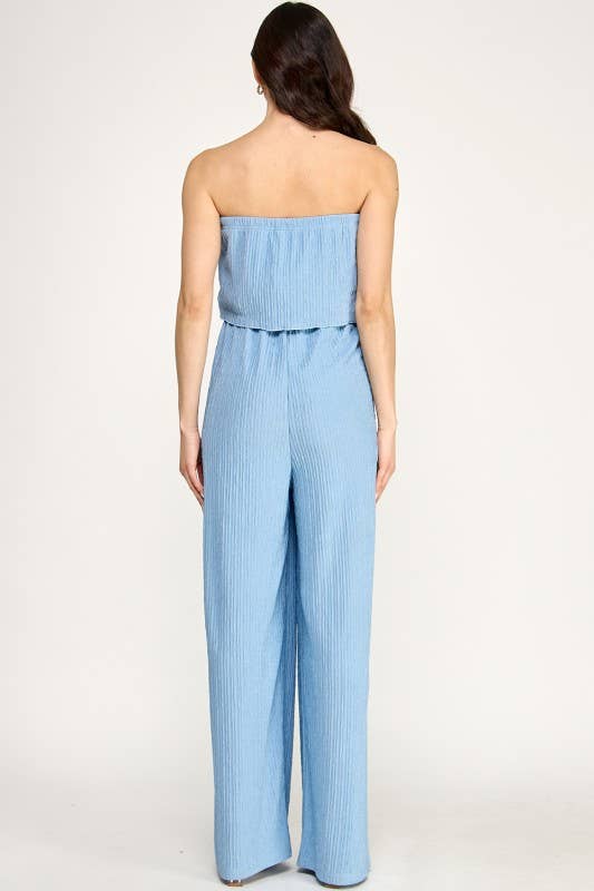 Off-Shoulder Crinkle Jumpsuit - Air Blue