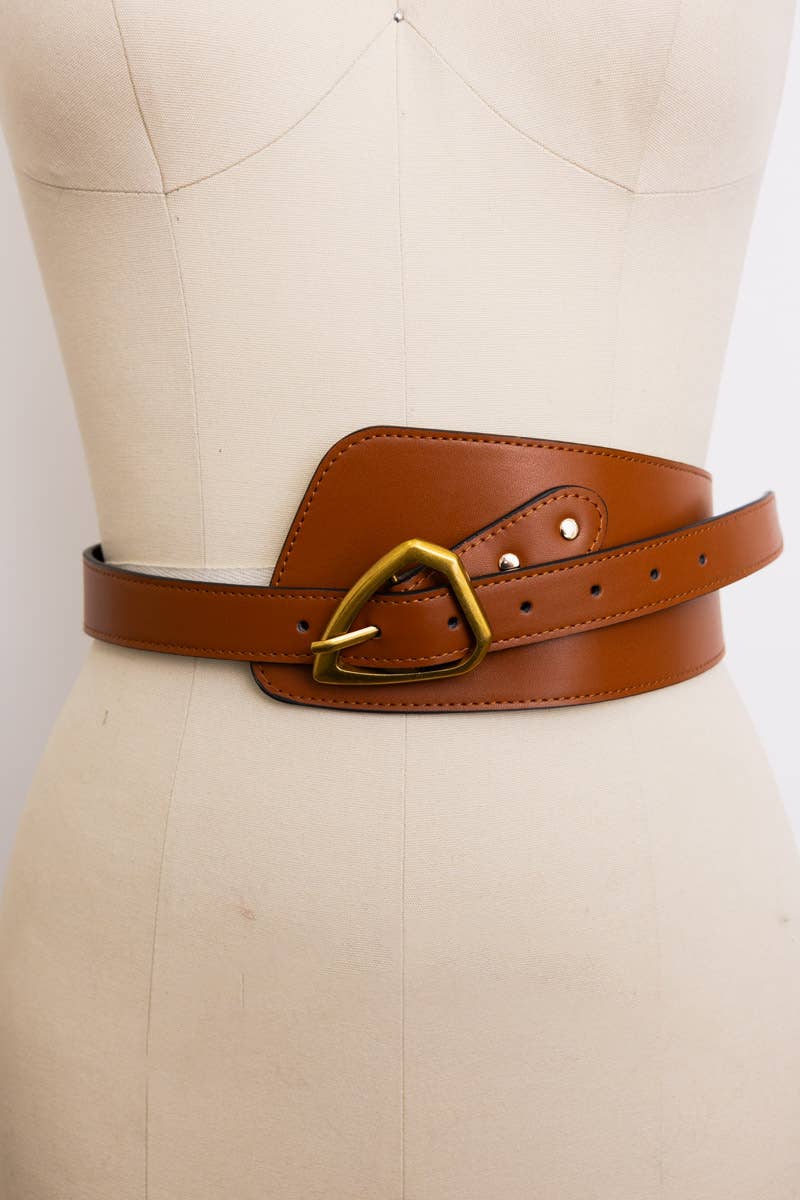 Asymmetrical Buckle Wide Waist Belt - Brown