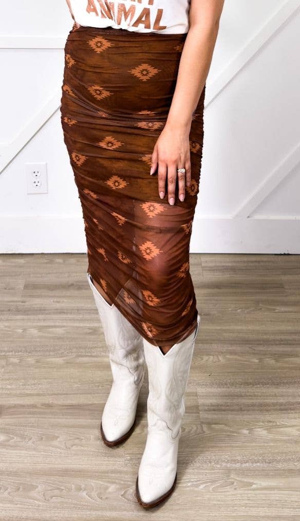 Southwestern Aztec Mesh Midi Skirt