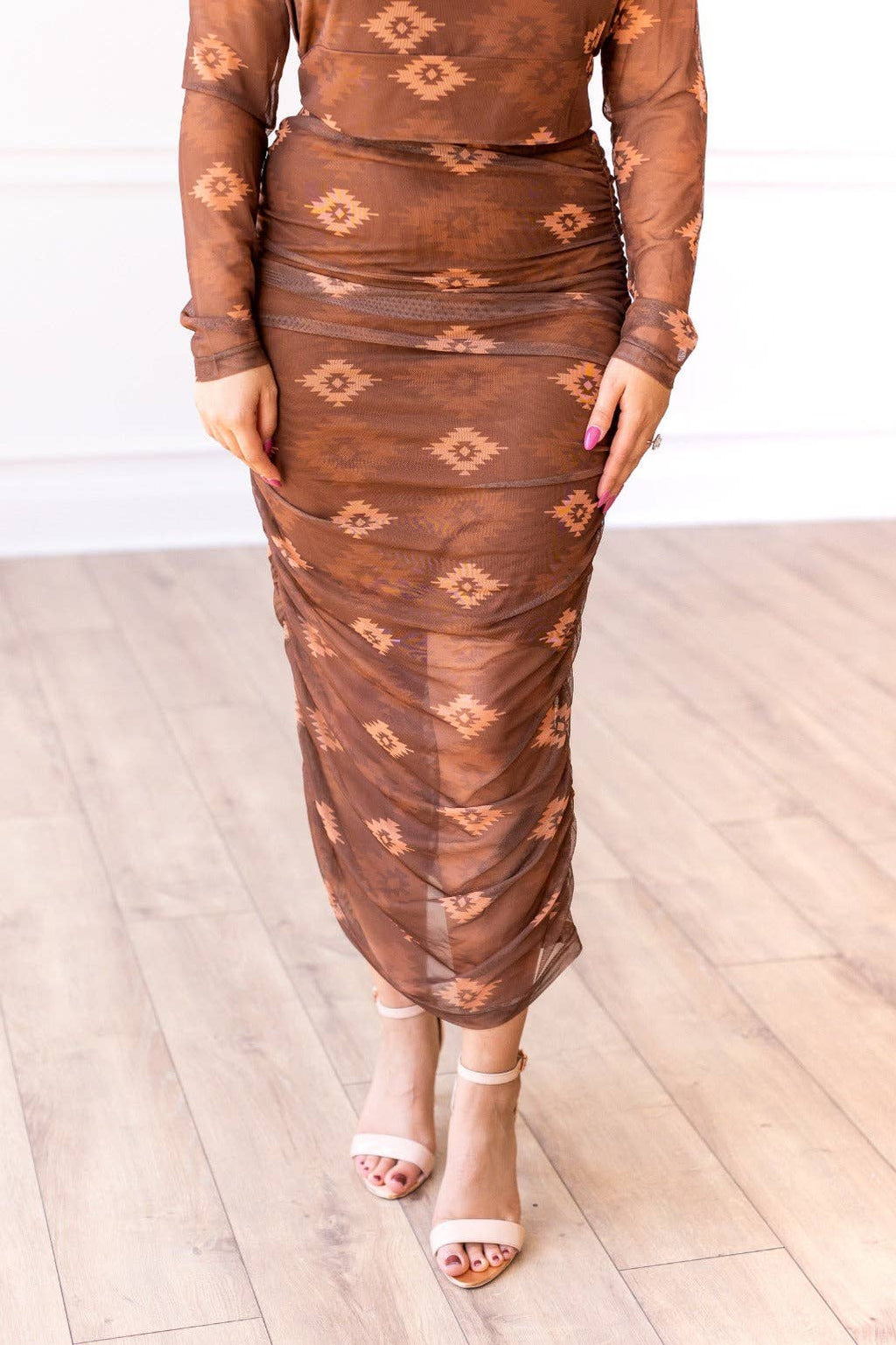 Southwestern Aztec Mesh Midi Skirt