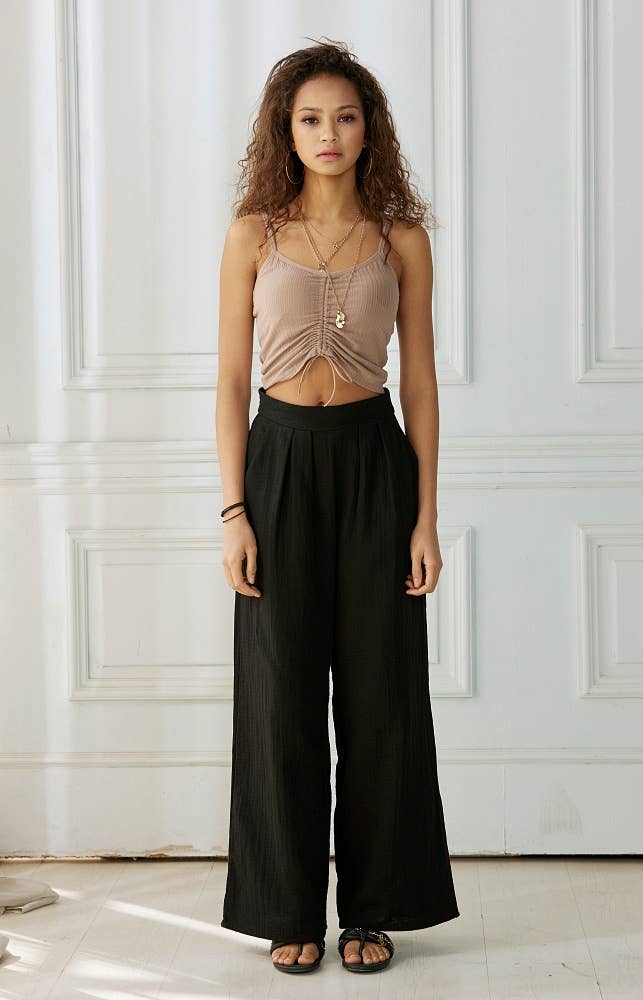 Cotton Smocked Wide-Leg Pants - Black