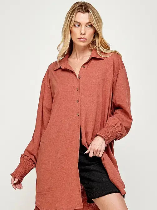 Oversized Smocked Cotton-Linen Shirt Dress