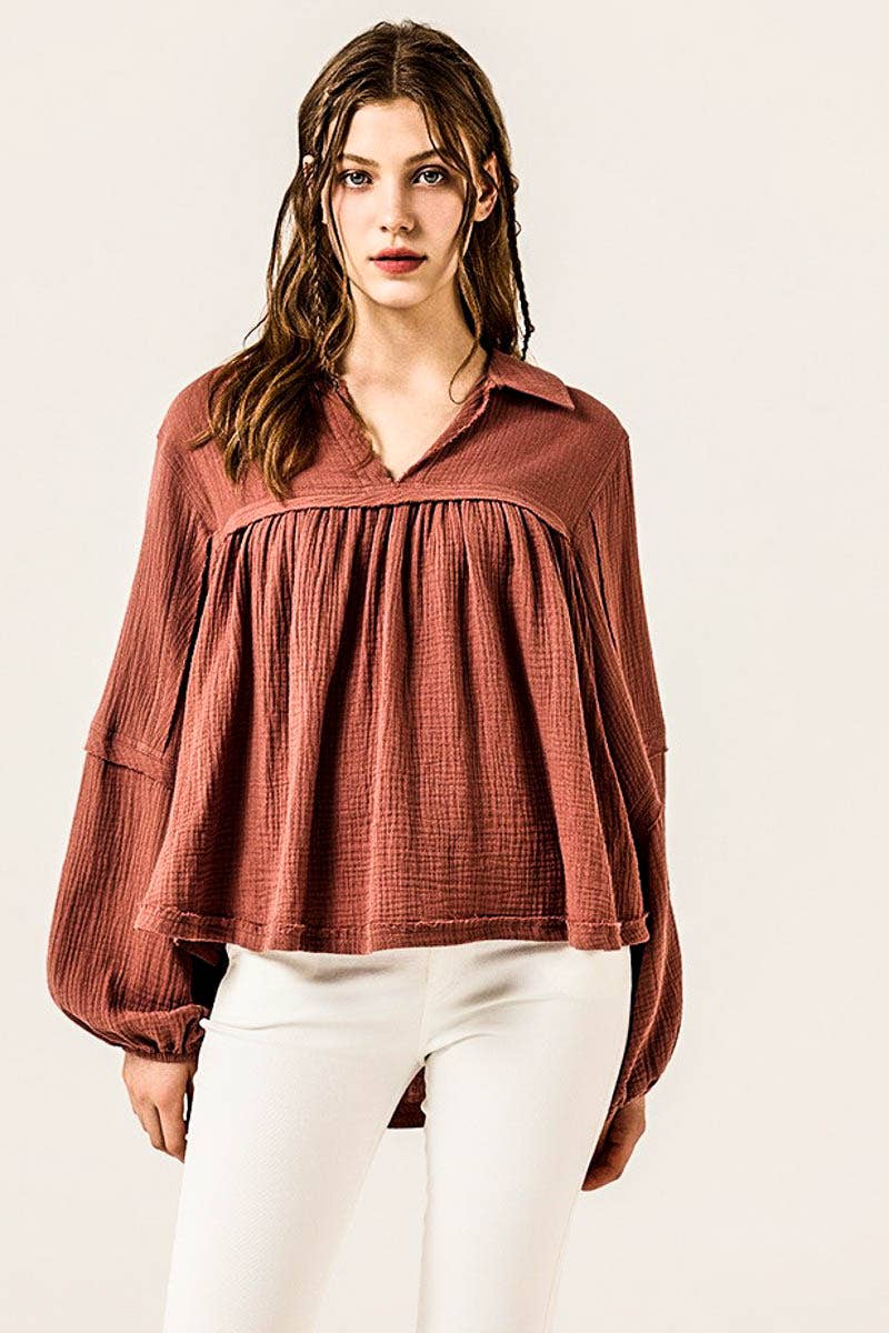 Boho Cotton Gauze Tunic Top - Pecan Brown