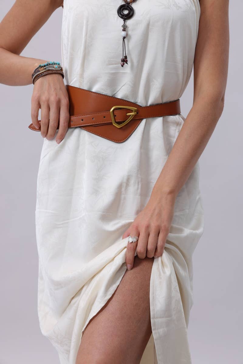 Asymmetrical Buckle Wide Waist Belt - Brown