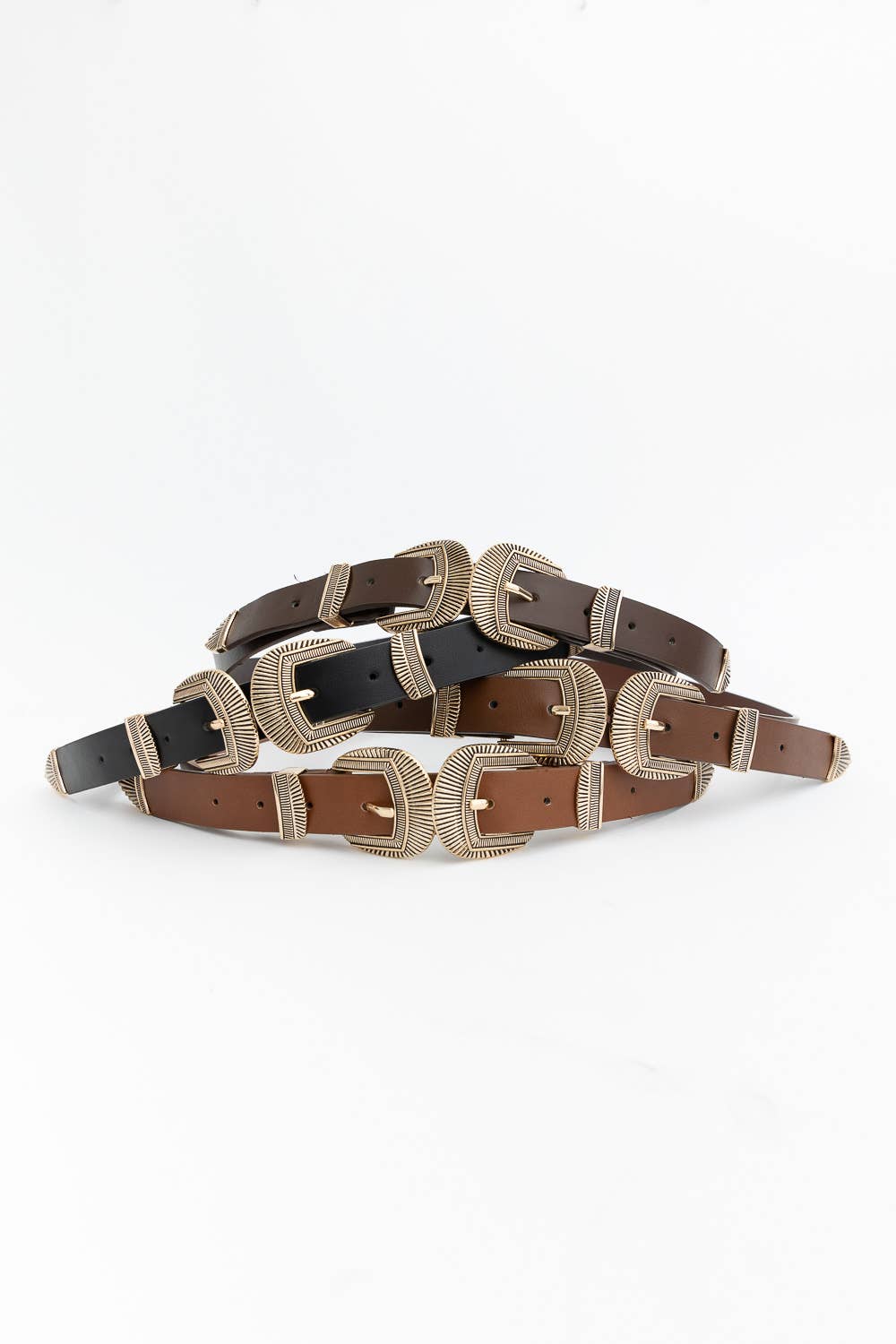 Double Buckle Western Faux Leather Belt - Black