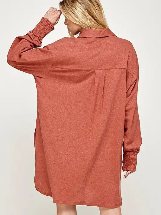 Oversized Smocked Cotton-Linen Shirt Dress