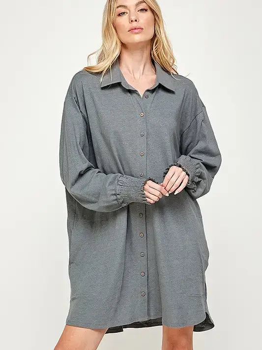Oversized Smocked Cotton-Linen Shirt Dress