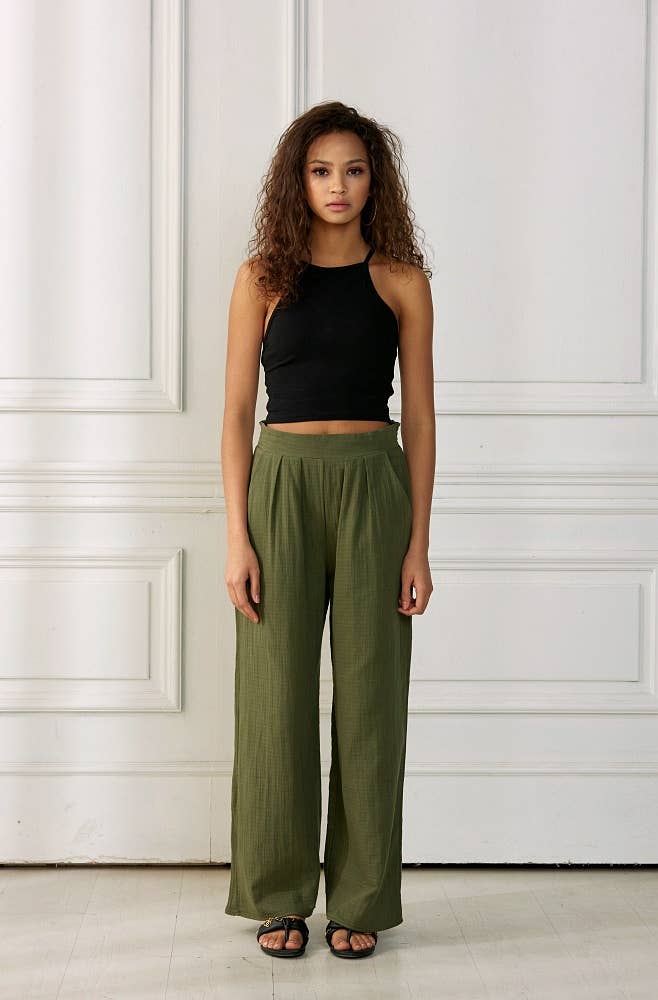Cotton Smocked Wide-Leg Pants | Olive