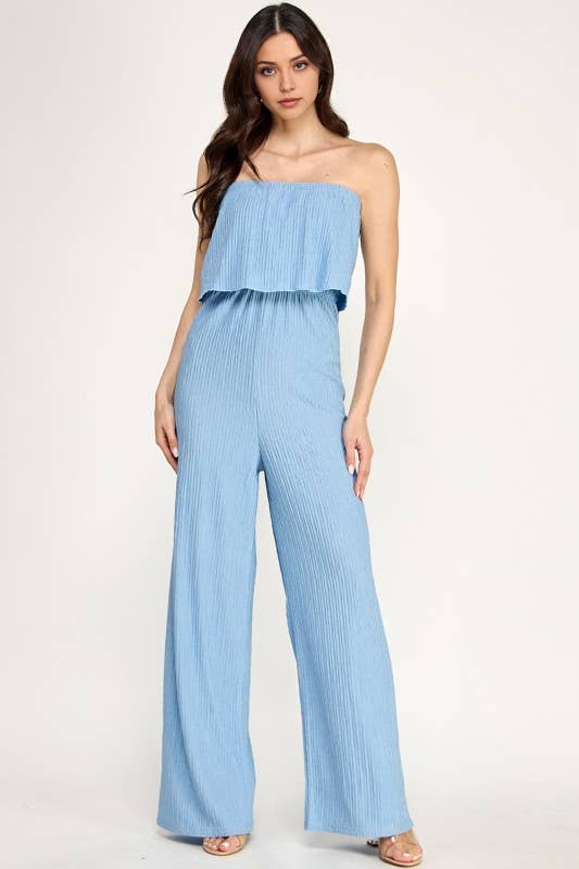 Off-Shoulder Crinkle Jumpsuit - Air Blue