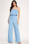 Off-Shoulder Crinkle Jumpsuit - Air Blue