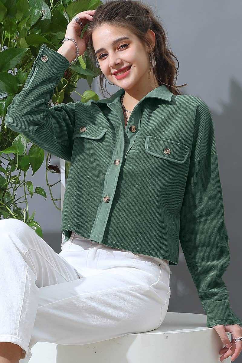 Cropped Long Sleeve Shacket - Olive