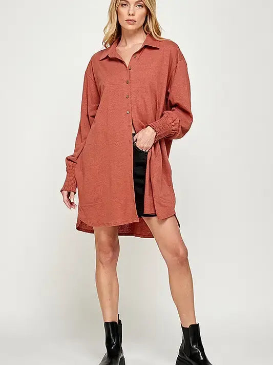 Oversized Smocked Cotton-Linen Shirt Dress