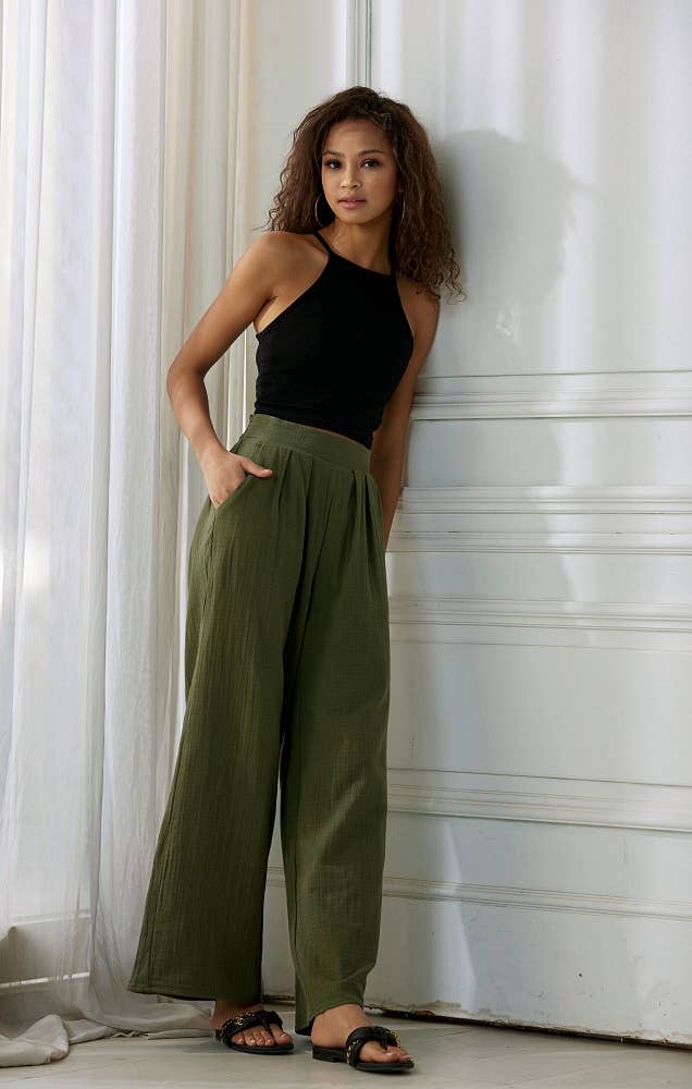 Cotton Smocked Wide-Leg Pants | Olive