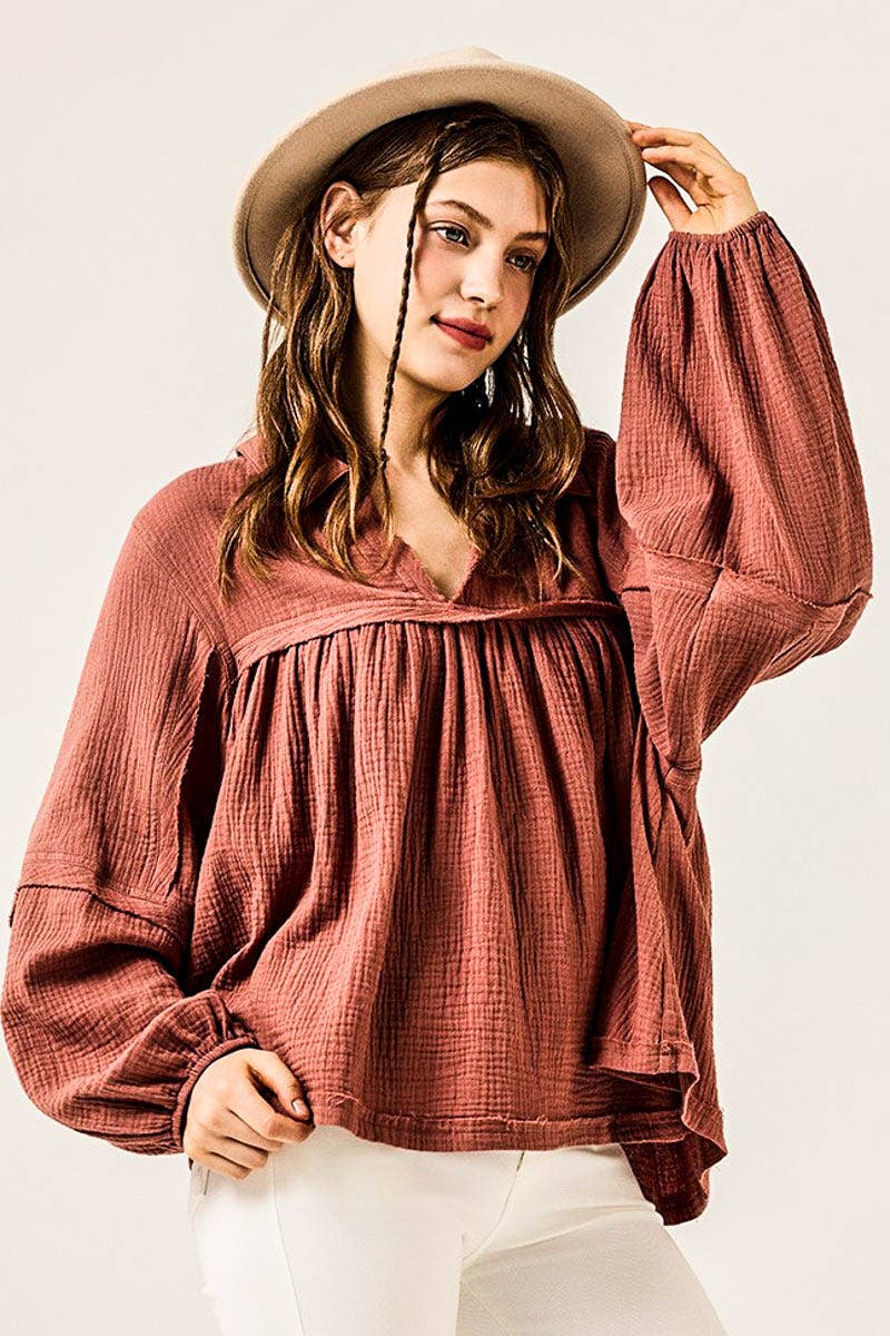 Boho Cotton Gauze Tunic Top - Pecan Brown