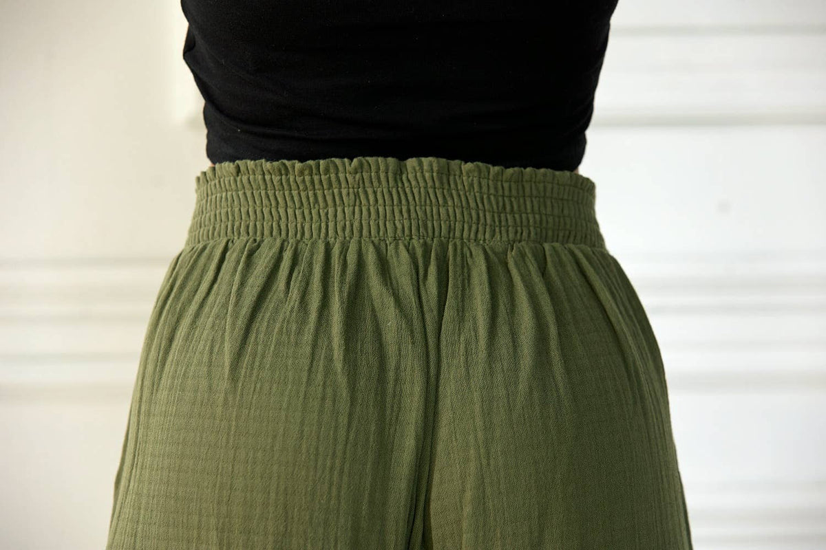Cotton Smocked Wide-Leg Pants | Olive
