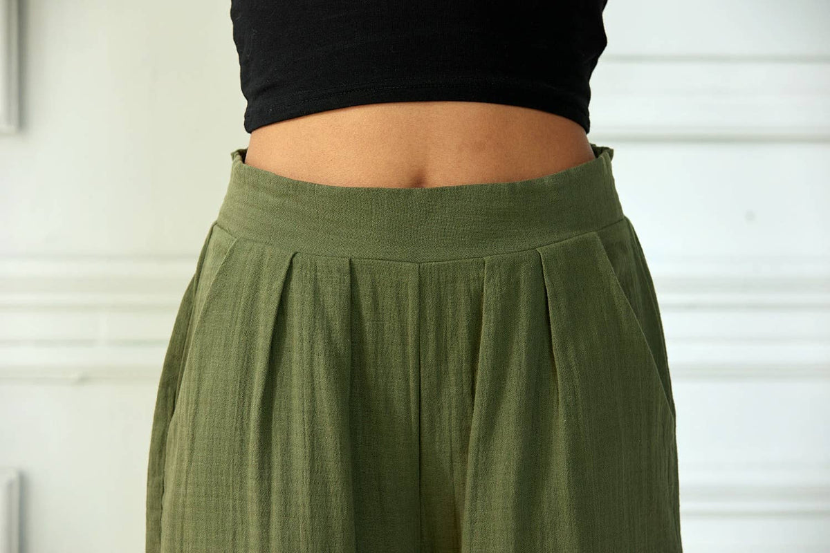 Cotton Smocked Wide-Leg Pants | Olive