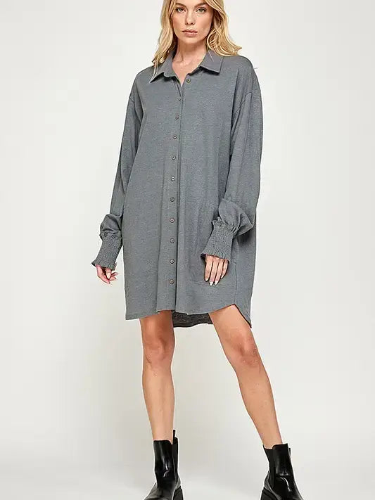 Oversized Smocked Cotton-Linen Shirt Dress