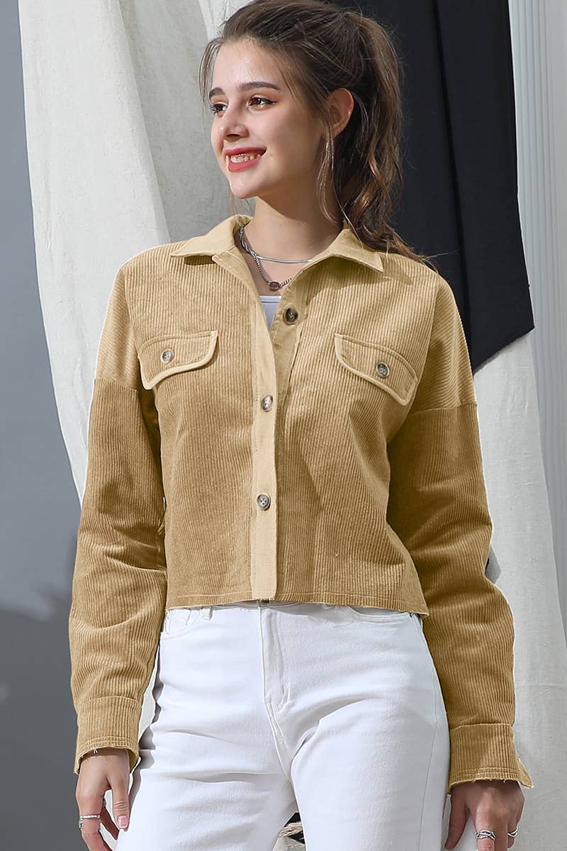 Cropped Long Sleeve Shacket - Camel